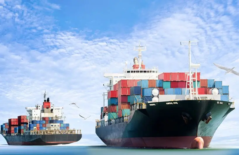 Container Cargo ship in the ocean with Birds flying in blue sky, Freight Transportation.